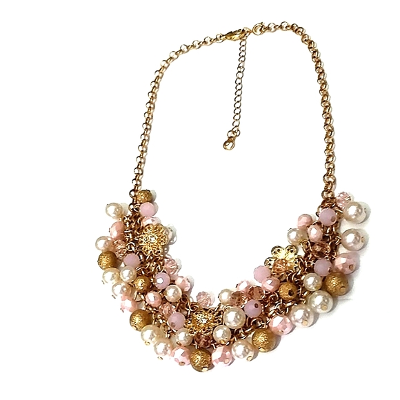 RMN Jewelry - RMN VINTAGE PINK, GLITTERY GOLD, PEARL BEADED GOLD-TONE CLUSTER 18-21" NECKLACE